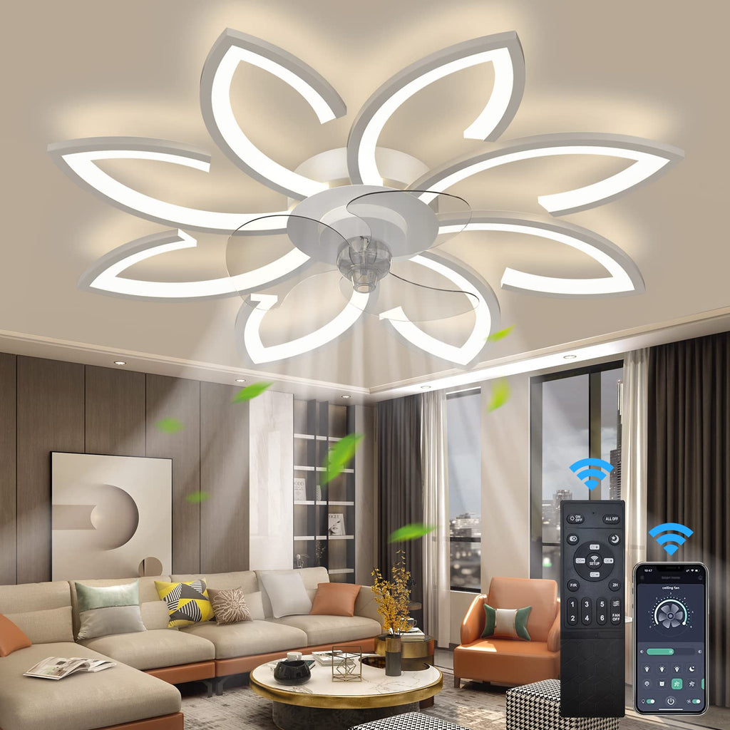 SUROTET Bladeless Ceiling Fan With Lights, Modern Flush Mount With Dimmable LED Light and Remote Control, Low Profile 6 Gear Wind Speed Timing for Kids Room Bedroom 35.4in*5.5in