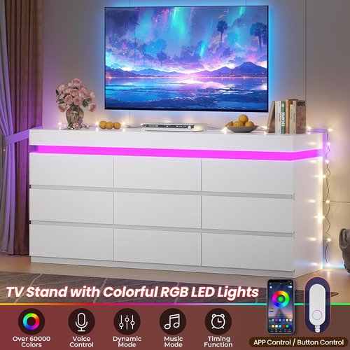 HAUOMS 9-Drawer Dresser - Modern White Chest with LED Light for Bedroom, Living Room & Entryway