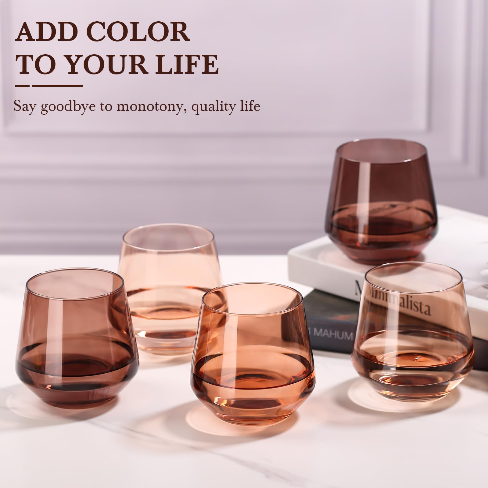 CLUSIVC Venus Stemless Wine Glass Set of 6-14oz Wine Glasses, Stemless Drinking Glasses for Wine, Cocktails & Beverages - Elegant Glassware for Home, Bar & Holiday Use