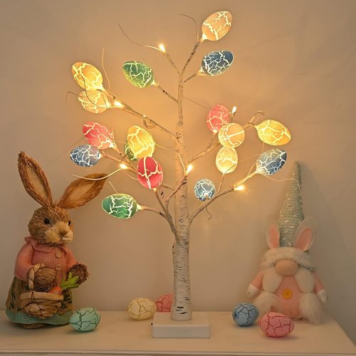 Kemooie 24-Inch Pre-Lit White Birch Tree - 24 Easter Egg Ornaments & LED Lights | Perfect Spring Table Centerpiece