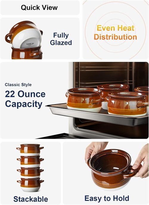 LE TAUCI French Onion Soup Bowls - 22 Ounce Ceramic Crocks with Handles | Oven Safe Set of 4 for Soup & Stews
