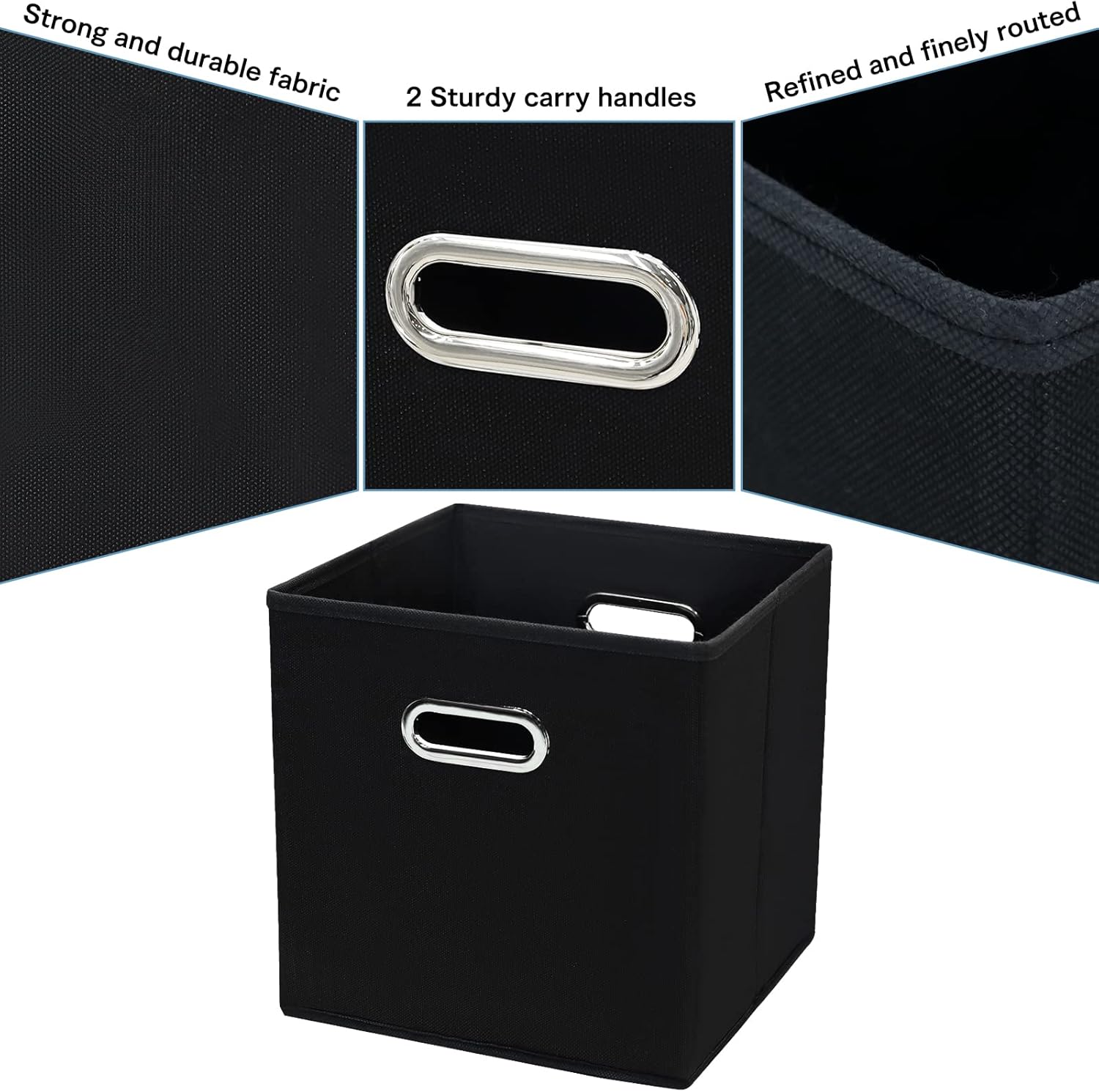 Skiennix Black Fabric Cubby Storage Bins - Foldable 13x13x13 Inch Cube Organizer | Set of 3 with Dual Handles