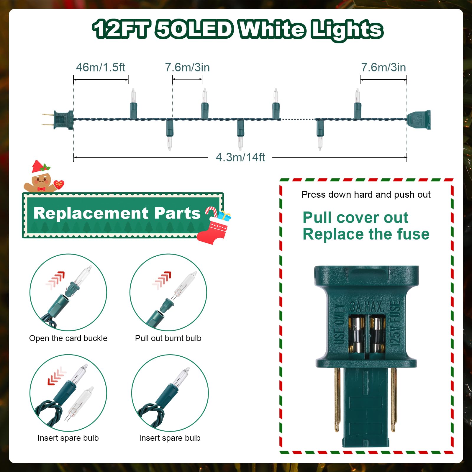Meteds Christmas Lights 50 Count Clear Mini Lights Green Wire UL Certified Connectable Warm White String Lights for Christmas Decor (50 Count 13FT)