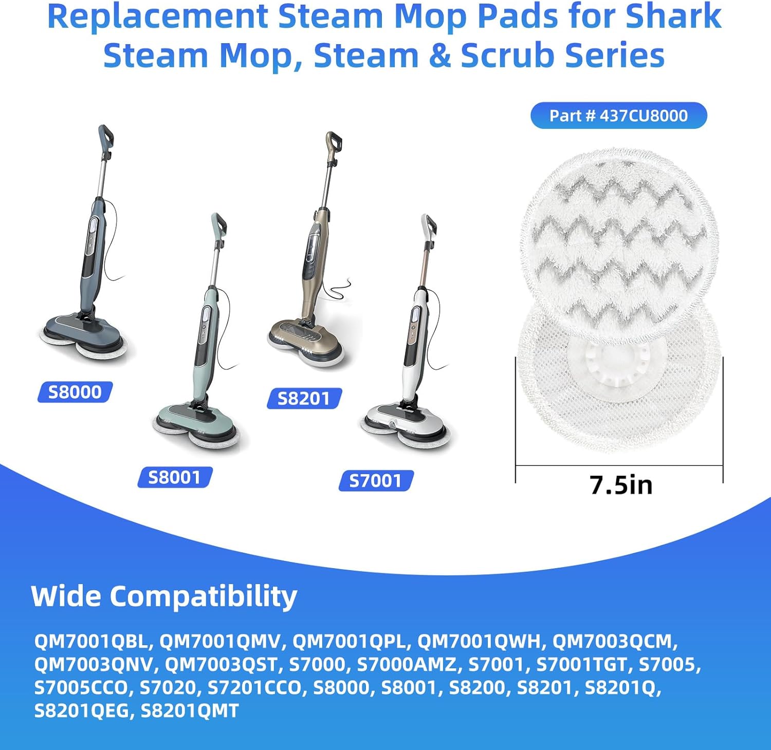 VIEWALL Steam Mop Pads - Replacement for Shark S8000 Series | Soft Washable Scrub Pads, 8 Pack