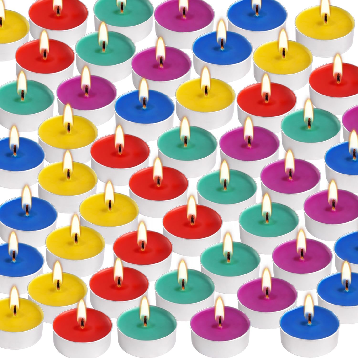 Tealight Candles | 50 Pack Unscented Assorted Colors - 4+ Hour Clean-Burning Votive for Home Decor & Relaxation