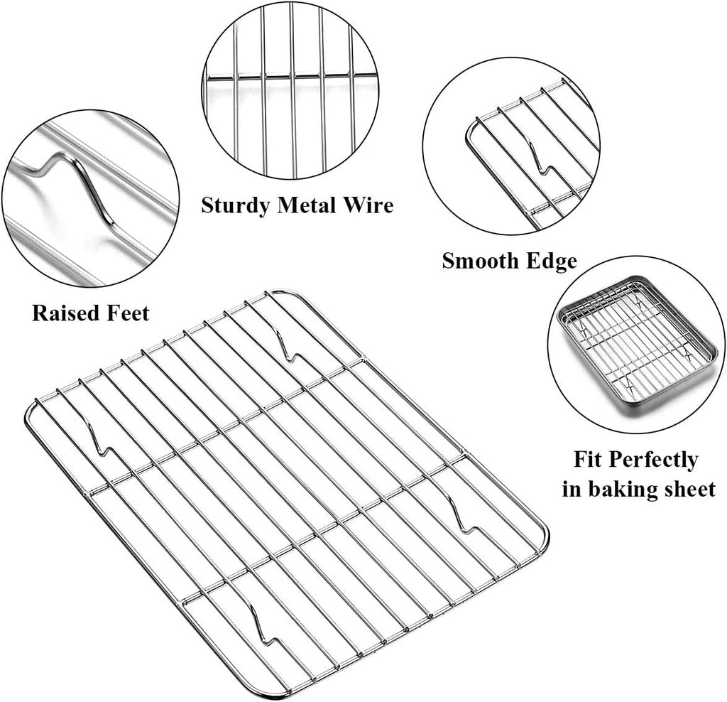 Wildone Baking Sheet Set - Stainless Steel Cookie Pan with Cooling Racks | 2 Sheets & 2 Racks, 9 x 7 x 1 Inch