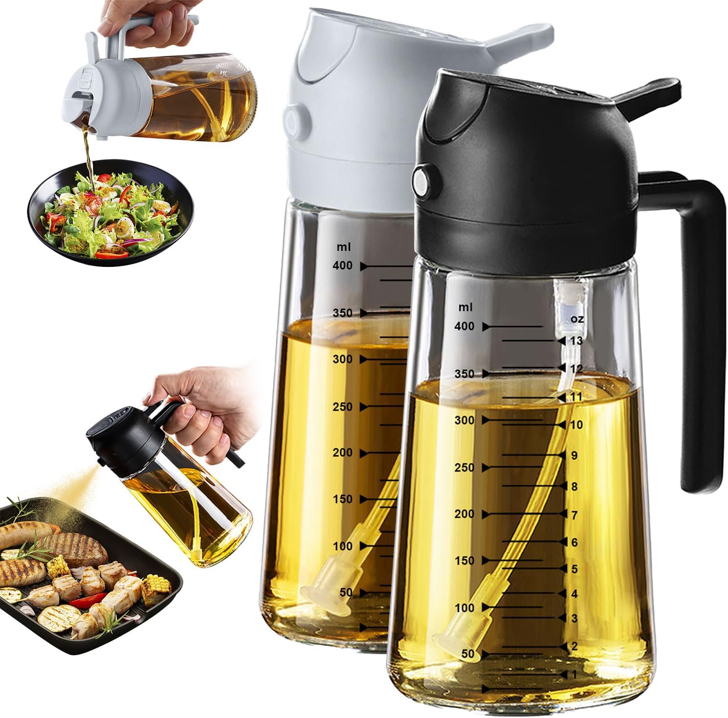 TrendPlain 16oz Glass Olive Oil Sprayer - 2-in-1 Dispenser for Cooking, BBQ & Salad - Black & Ash