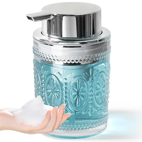 KASUNTING Foaming Soap Dispenser, Clear Glass Foam Hand Soap Dispenser for Bathroom, Refillable 7.8 Fl Oz Foamy Pump Bottle with Plastic Sliver Pump, Vintage Dish Soap Foam Dispenser