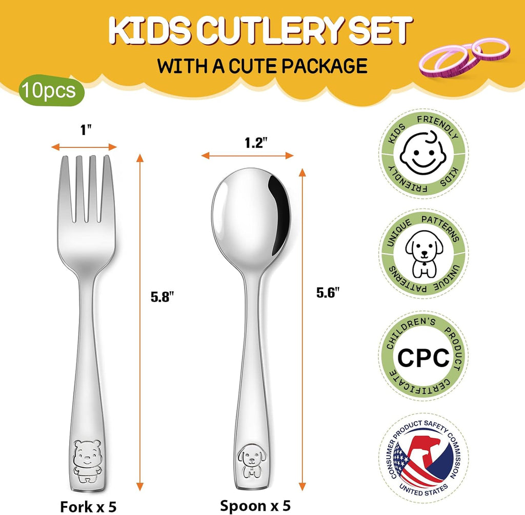 VITEVER Toddler Utensils Set - 10-Piece Kids Stainless Steel Silverware | Safe Forks & Spoons, Dishwasher Safe