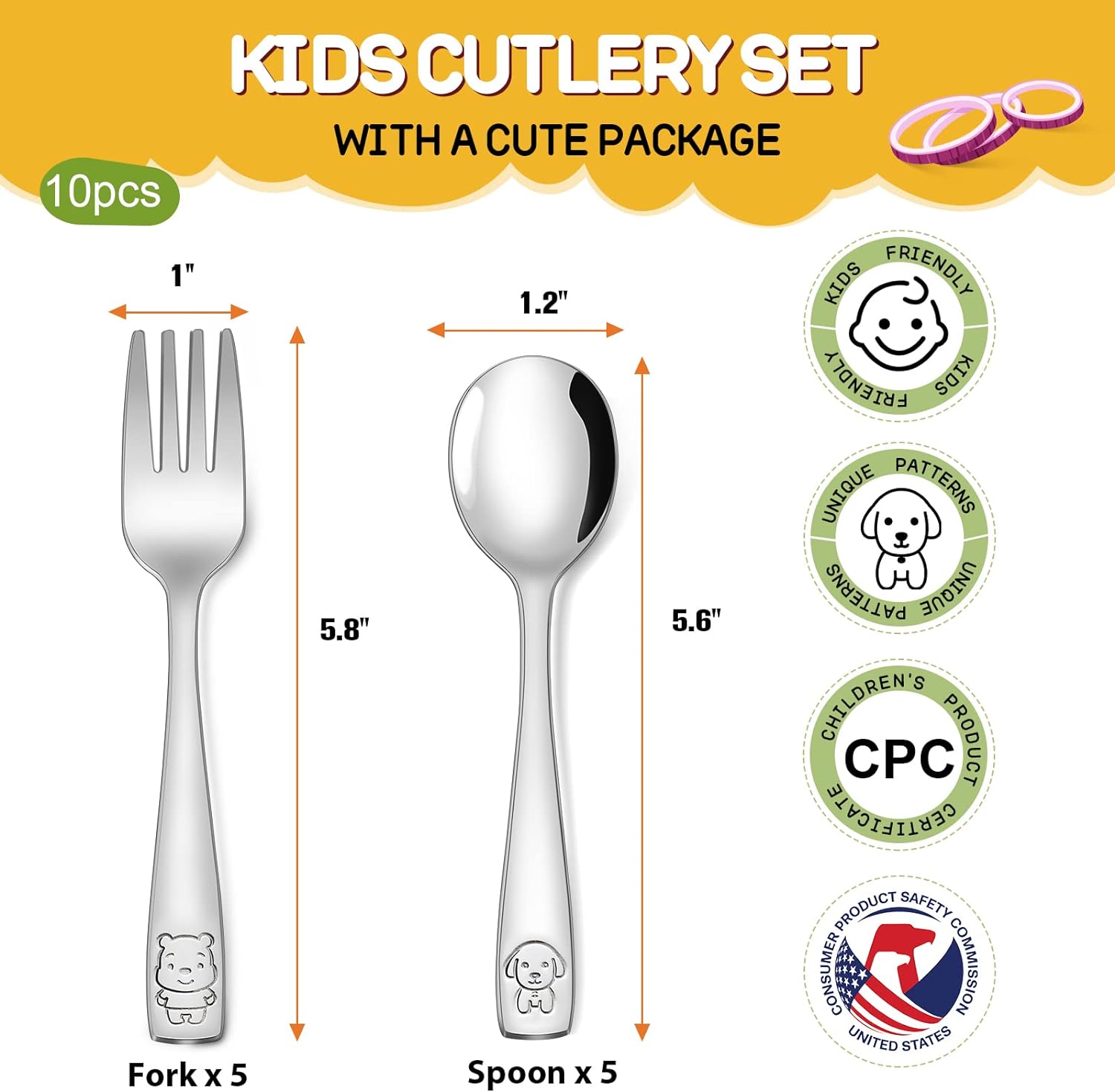 VITEVER Toddler Utensils Set - 10-Piece Kids Stainless Steel Silverware | Safe Forks & Spoons, Dishwasher Safe
