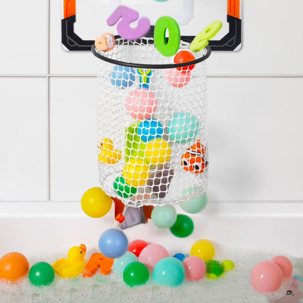 QPJ Baby Bath Toy Storage Organizer, Large Opening Mesh Bathtub Toy Storage for Tub, Bath Toy Holder for Quick Release of Toys for Bathroom, Basketball Hoop Design with Fun Bonus