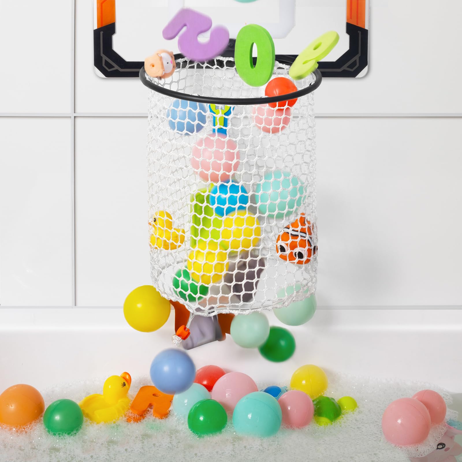 QPJ Baby Bath Toy Storage Organizer, Large Opening Mesh Bathtub Toy Storage for Tub, Bath Toy Holder for Quick Release of Toys for Bathroom, Basketball Hoop Design with Fun Bonus