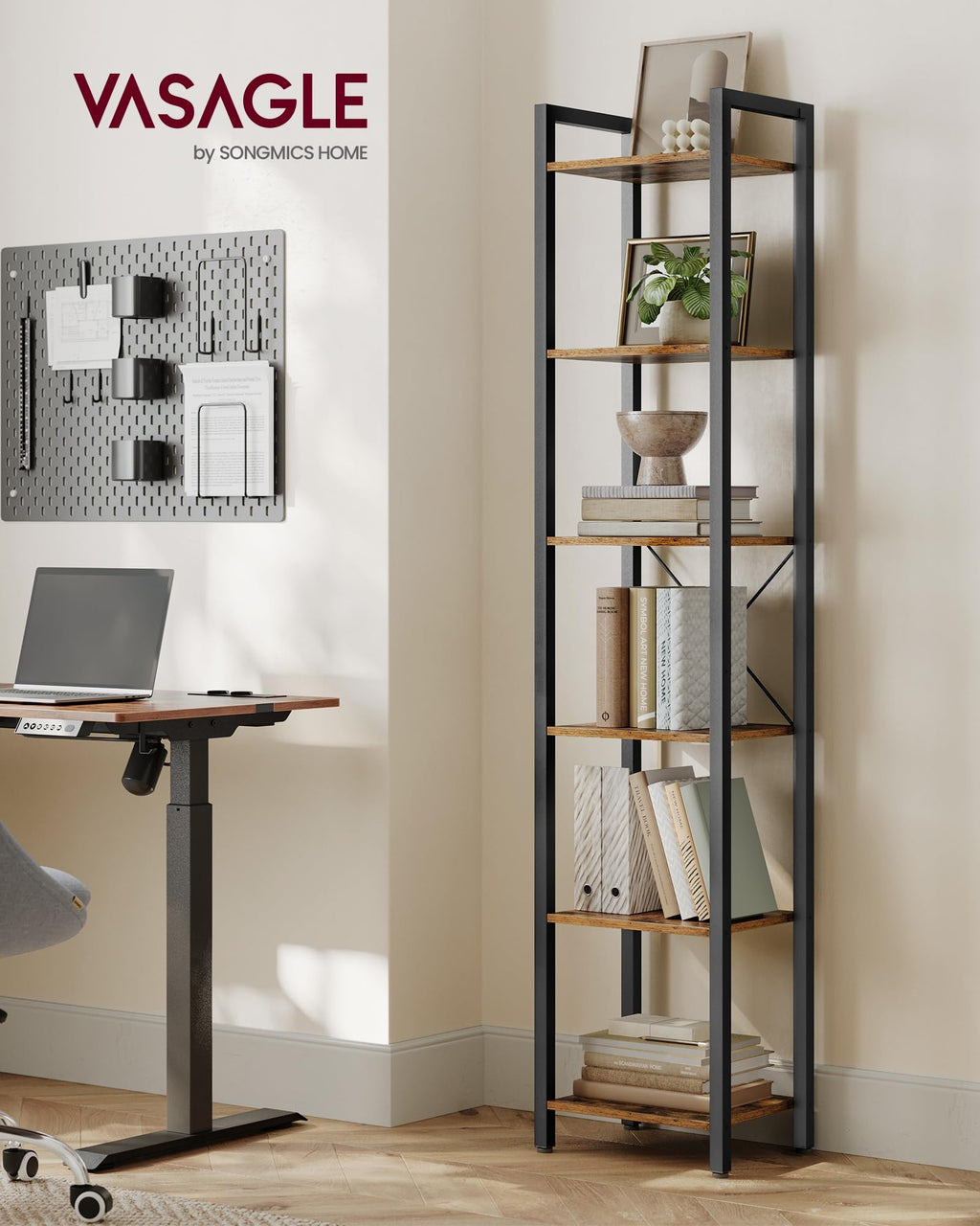 VASAGLE 6-Tier Bookshelf, Bookcase with Steel Frame, Book Shelf for Living Room, Home Office, Study, 11.8 x 15.7 x 73.2 Inches, Industrial Style, Rustic Brown and Ink Black ULLS101B01