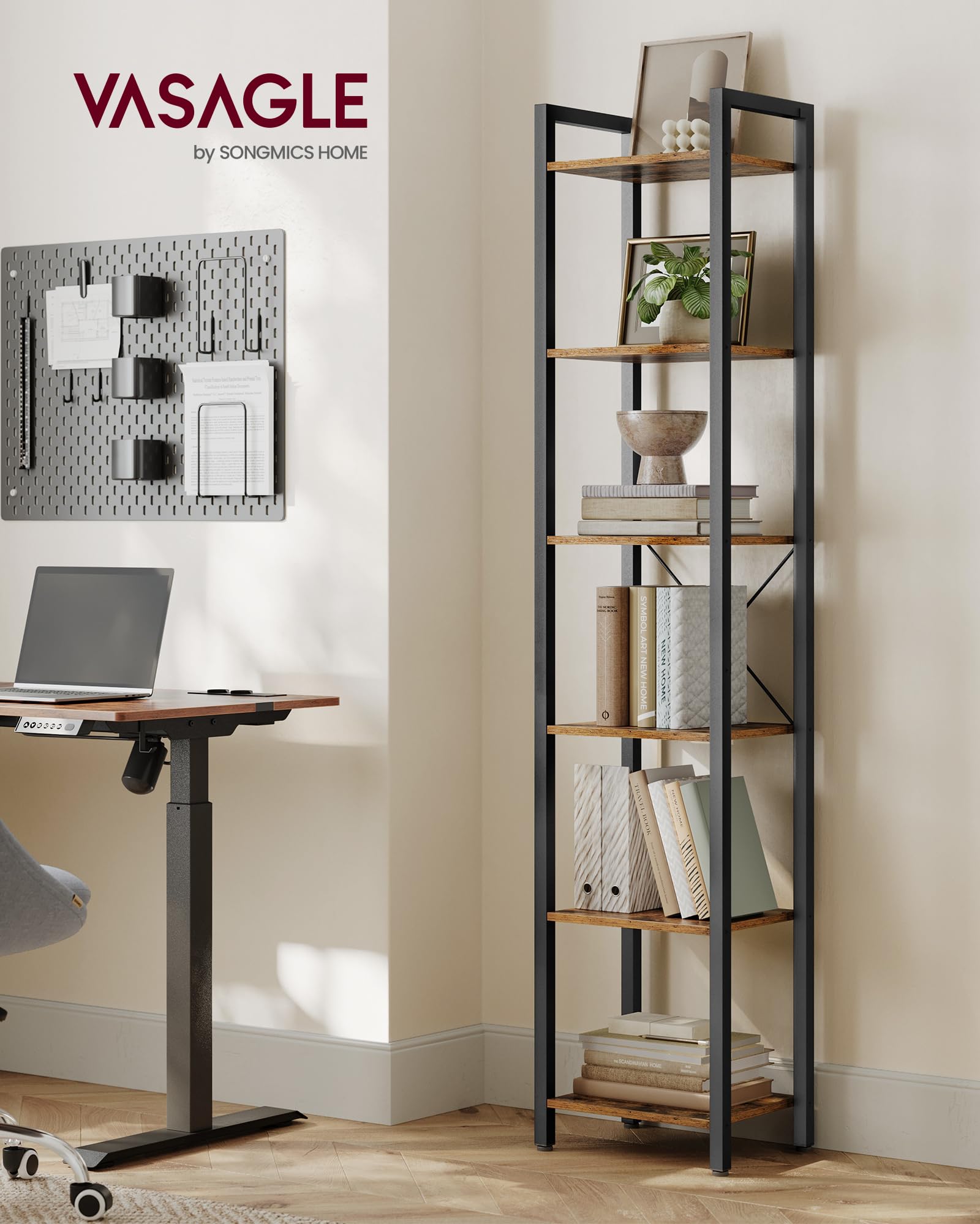 VASAGLE 6-Tier Bookshelf, Bookcase with Steel Frame, Book Shelf for Living Room, Home Office, Study, 11.8 x 15.7 x 73.2 Inches, Industrial Style, Rustic Brown and Ink Black ULLS101B01