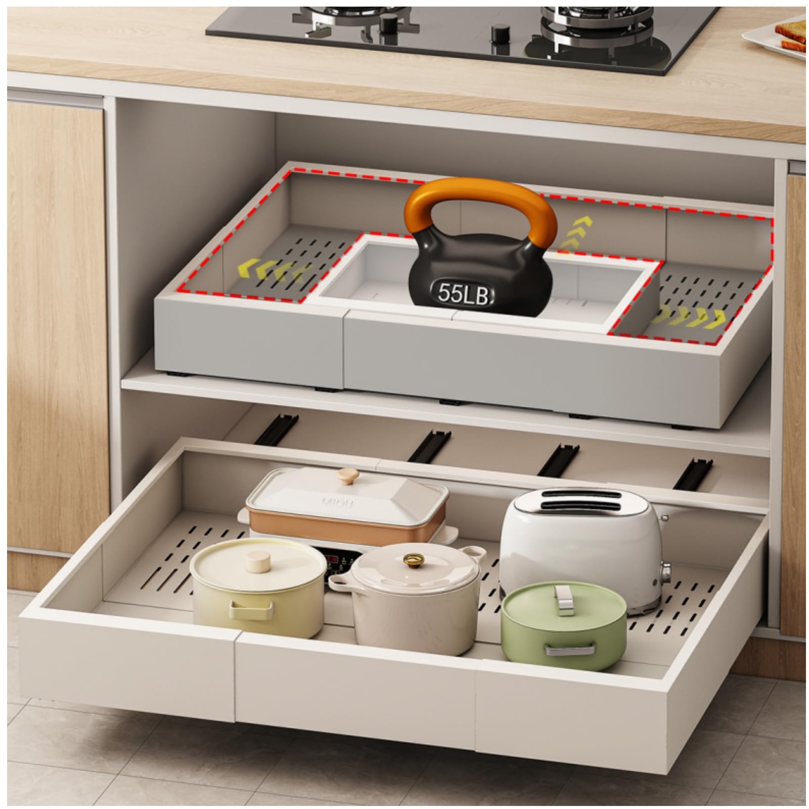 Pull out Cabinet Organizer,Width (23"-31") and Depth (17"-24") Expandable With 5 Rails,No Drill Adjustable Slide out Drawers for Kitchen,Pantry,Adhesive Roll out Shelves,for Cabinets Without Lip,White