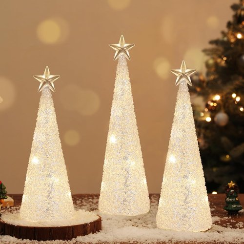 Lewondr LED Glass Christmas Tree Tabletop Lamps - Warm Yellow Light | 3 PCS with Timer & Glitter Ornaments