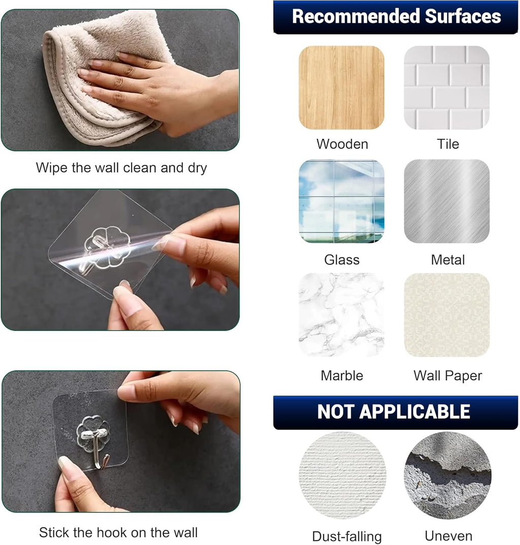Adhesive Hooks - Heavy-Duty Self-Adhesive Transparent Wall Hooks for Bathroom & Kitchen | 50 Pack