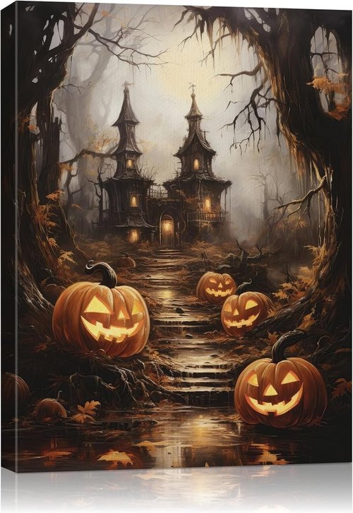 AbcCustomize Halloween Canvas Wall Art - Spooky Haunted House & Eerie Pumpkins | Vintage Gothic Decor for Living Room & Bedroom