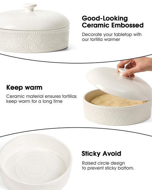 FE Ceramic Tortilla Warmer,Lace Emboss 8.8 Inch Tortilla Holder with Lid for Taco Tuesday, Mexican Night and Party,Taco Bread Pancake,Tortilleros Para Las Tortillas Caliente (Bright White)