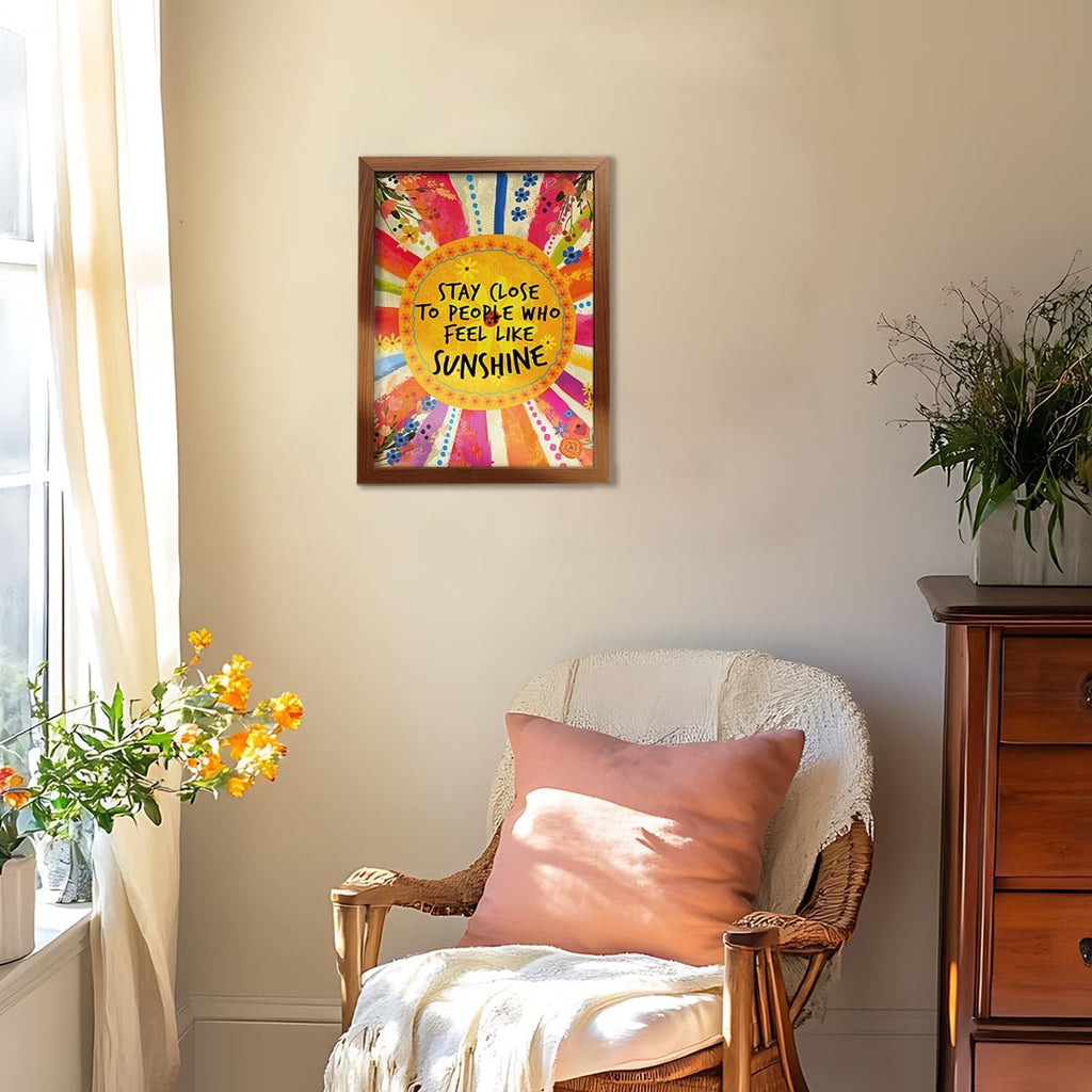 YEOION Inspirational Quote Wall Art - "Stay Close to People Who Feel Like Sunshine" | Canvas Print with Imitation Wood Metal Frame for Girls' Bedroom Decor