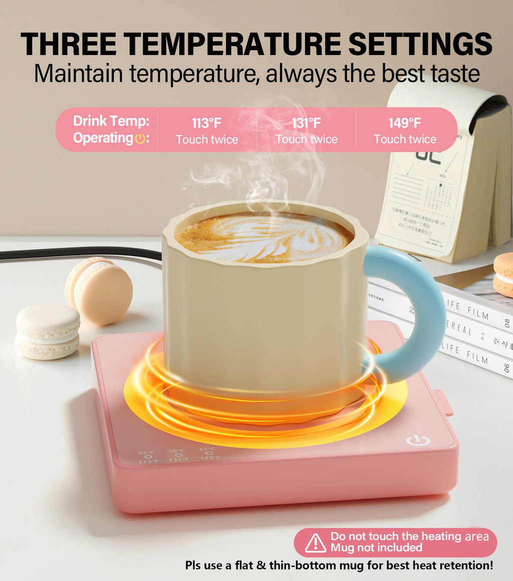 Mug Warmer with 15W Wireless Charger, Aesthetic Desktop Accessory with Night Light & Phone Stand, Ideal Office Tech Gift for Women, Girlfriend, Boss, Her, 3 Temp Coffee Warmer for Desk - Rose Pink