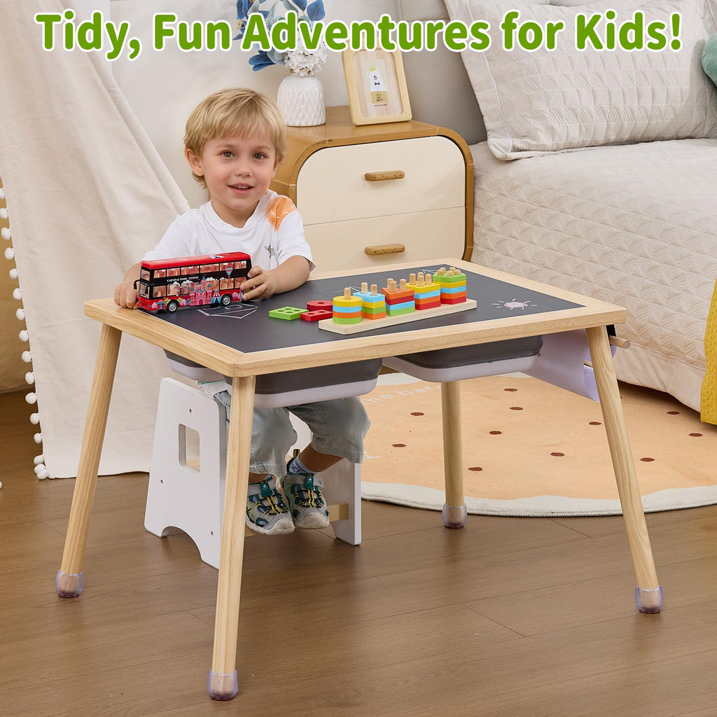 WOOD CITY Sensory Table for Toddlers Kids, Wooden Activity Table for Play Study Paper Roll Holder Indoor/Outdoor Montessori Play Sand and Water Table with Foldable Toys Storage Bins