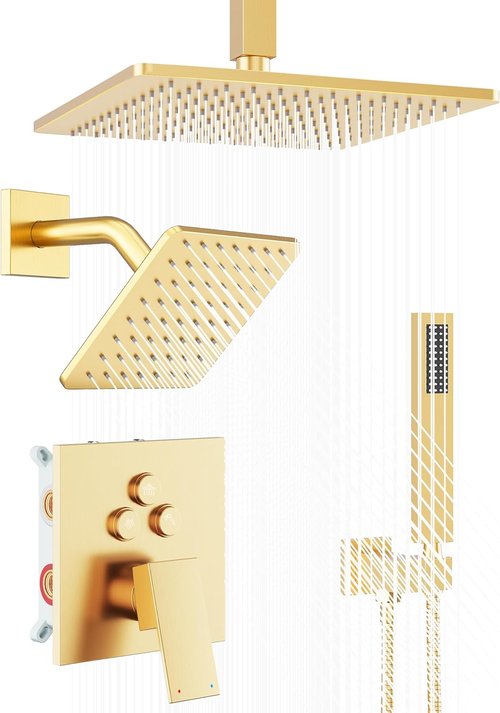**Regine Switzerland Gold Shower Faucet Set - Brushed Gold 10'' Ceiling & 6'' Wall Mounted Shower Heads | 3-in-1 Handheld Combo**
