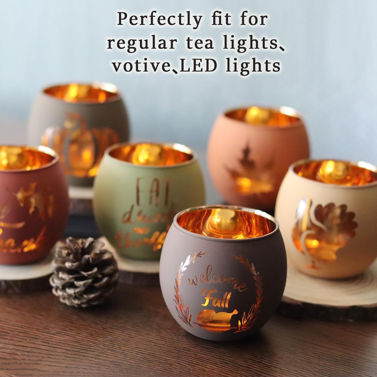 Thanksgiving Votive Candle Holder Set - 6 Glass Holders with Laser Engraved Patterns for Fall Decor