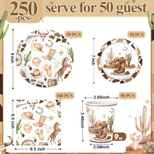 Pickmesh 250 Pcs Western Cowboy Party Decorations Wild West Disposable Tableware Set Cowboy Paper Plates Napkins and Cups for Rodeo Birthday Baby Shower Party Decorations Serve 50