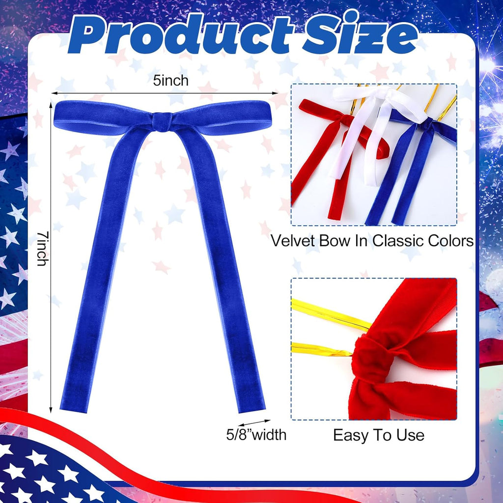 Skiennix Velvet Bows - 24 Pcs Vintage Ribbon for Christmas Tree & Crafts | 5 x 7 Inch, Blue, White, Red