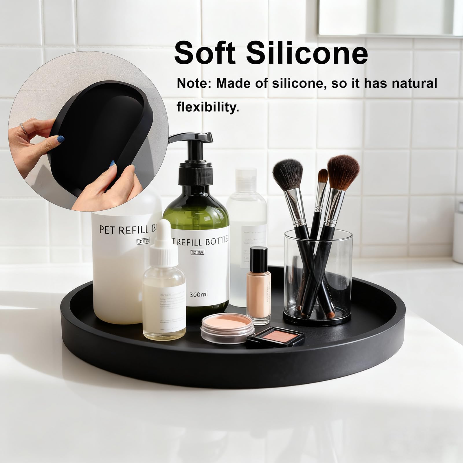 Yudevey Silicone Bathroom Tray - 9-Inch Round Vanity Tray, Suitable for Candles, Perfumes, Soap Dispensers Black