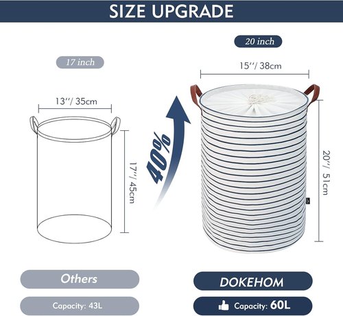 DOKEHOM 20-Inch Freestanding Laundry Basket - Collapsible Drawstring Hamper with Lid & Handle | Blue Stripe, Large