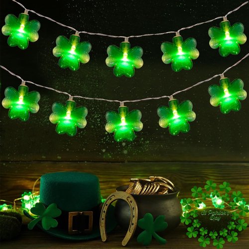 Fonusty St Patricks Shamrock String Lights Battery Operated 10Ft 20 LED Green Shamrock Lights with Timer, Indoor Outdoor Lucky Clover String Lights for Bedroom St. Patrick's Day Decor