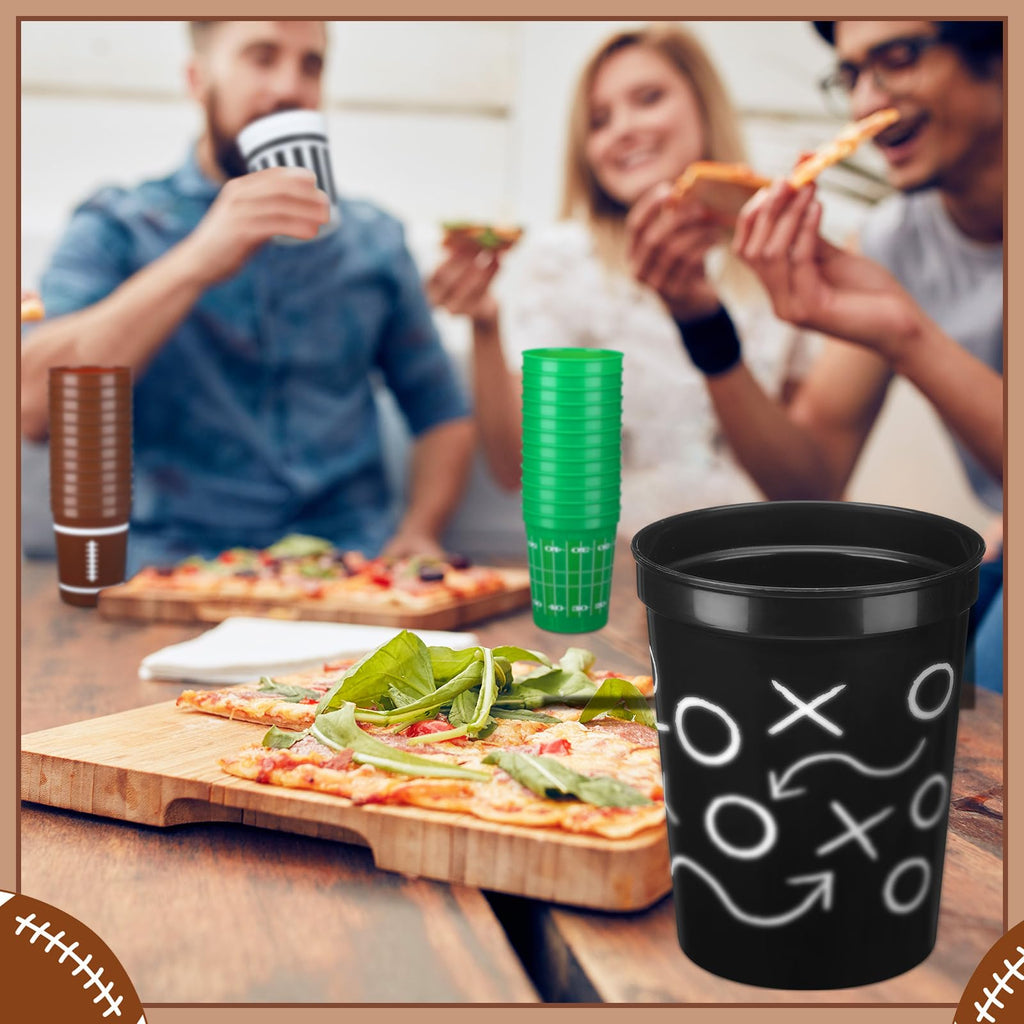 Tioncy 24 Pack Football Plastic Cups 16 oz Football Theme Reusable Cups 4 Designs Plastic Drinking Glass Bulk Assorted Sports Rugby Party Supply Drinkware for Coffee Beer Cream Snacks