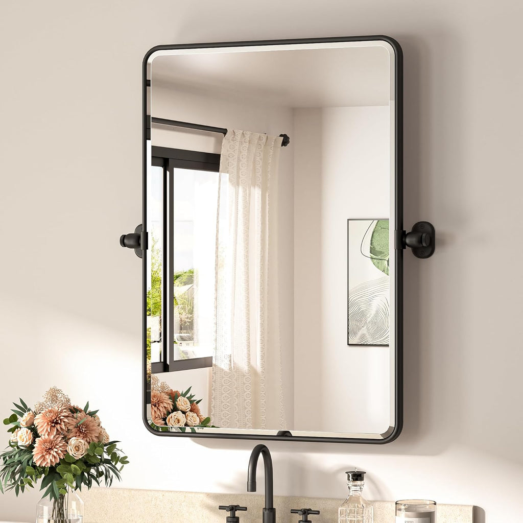 TETOTE Pivot Mirror - Modern Farmhouse Matte Black Rectangle Vanity Mirror | 20 x 30 Inches, Adjustable Beveled Glass