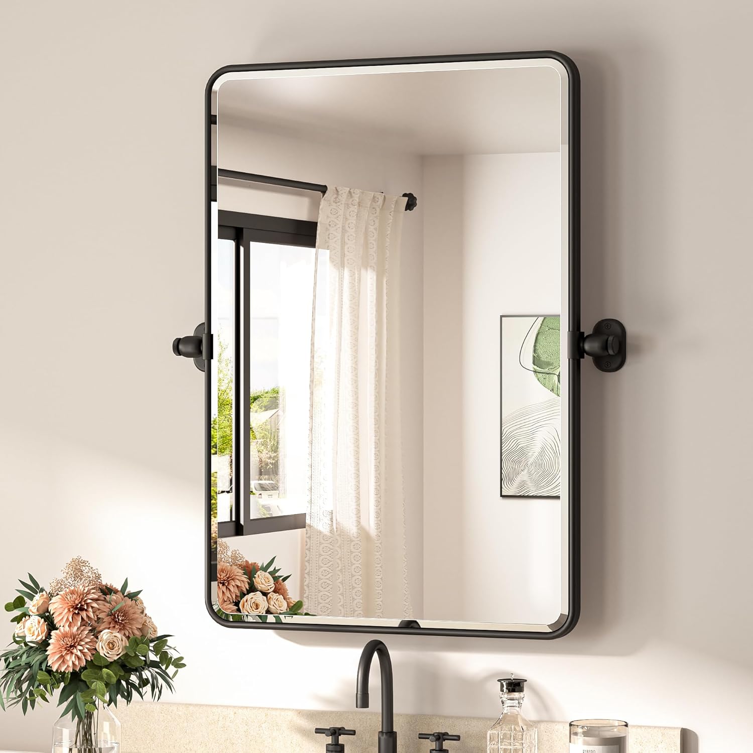 TETOTE Pivot Mirror - Modern Farmhouse Matte Black Rectangle Vanity Mirror | 20 x 30 Inches, Adjustable Beveled Glass