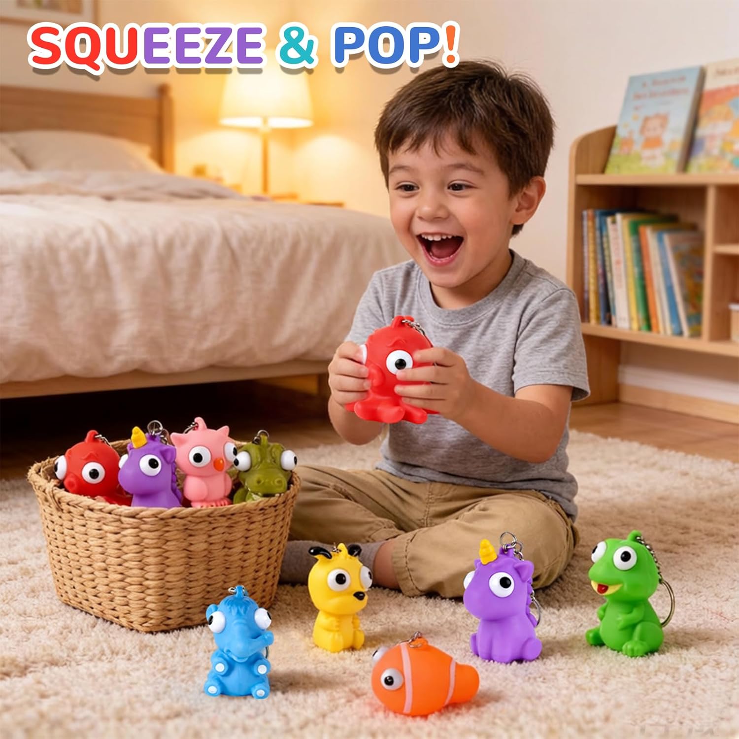 Squishy Toys - 32 Pack Popping Eyes Animal Keychains | Fun Fidget Party Favors for Kids