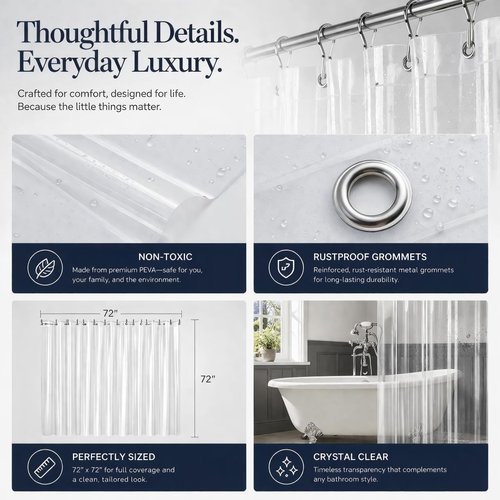 EHZNZIE Heavy Duty Shower Curtain Liner - Waterproof PEVA with 3 Weighted Magnets | 72x72 Inches