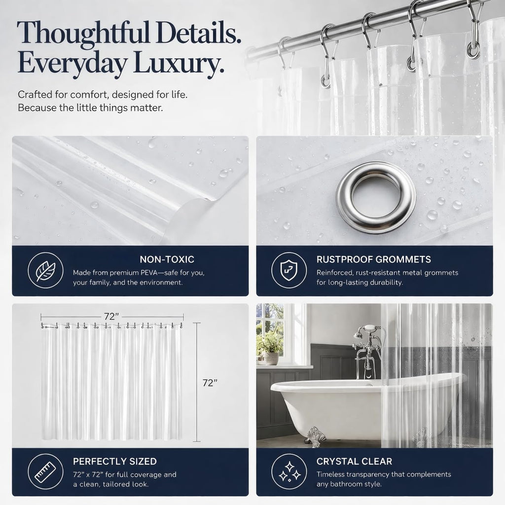 EHZNZIE Crystal Clear Heavy Duty Shower Curtain Liner 72x72, PEVA Waterproof Bath Curtain, No Chemical Smell, 3 Weighted Magnets, Durable with Rustproof Metal Grommets