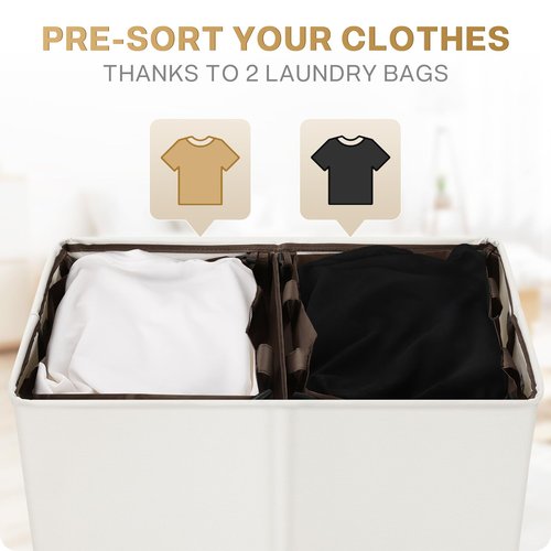 SOLEDI Luxury Double Laundry Hamper with Lid and Removable Bags, Large Hamper for Laundry, Laundry Basket 2 Sections, Collapsible Ditry Clothes Hamper for Bedroom, Laundry Room, Bathroom, Off-white
