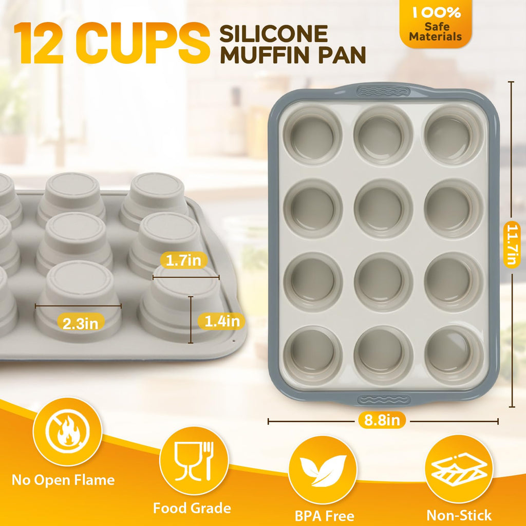 UZIPIN Silicone Muffin Pan, 12 Cups Non-Stick Cupcake Pan, Food-Grade BPA-Free Muffin Tin, Oven-Safe 450 °F, Reinforced Steel Frame, Easy-Grab Handles, Quick-Release 2.3" Baking Molds for Mini Treats