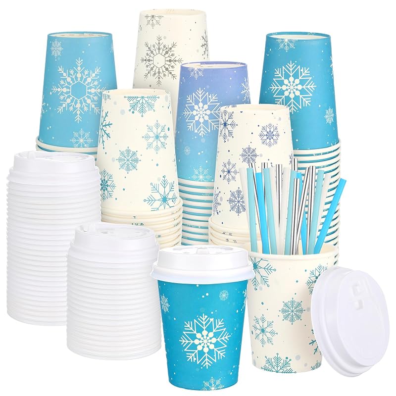 12 oz 48 Count Winter Snowflake Disposable Coffee Cups with Lids & Straws - 48 Pack