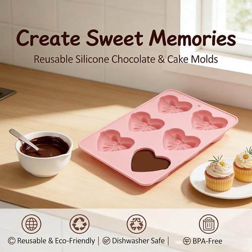2PCS Heart Shaped Silicone Molds with Bows, Non-Stick Baking Molds for Chocolate, Candy, Gummy, Ice Cubes, Soap, Mousse & Candles