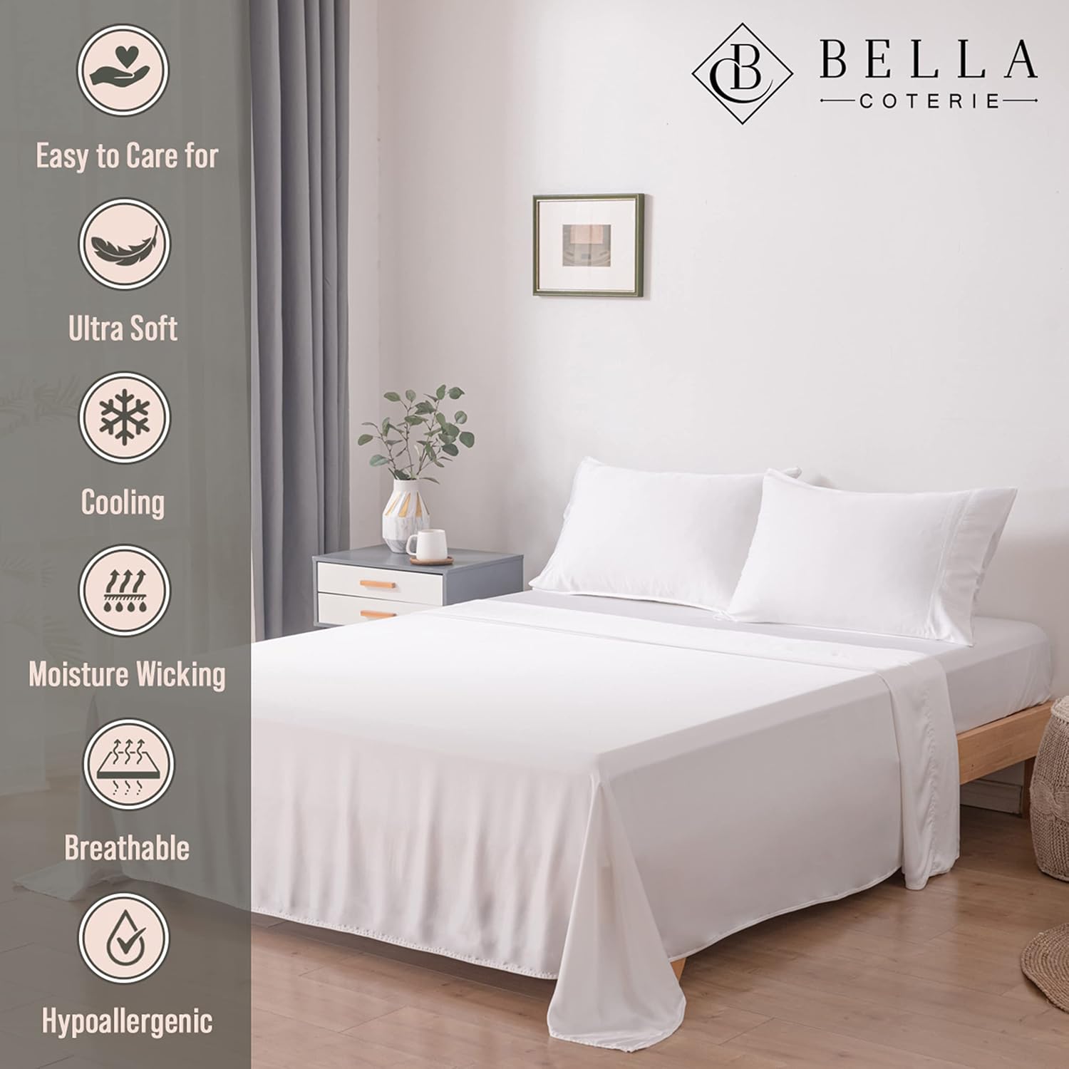 Bella Coterie Twin XL Bamboo Viscose Sheet Set - 100% Organic, Ultra Soft & Cooling | 18" Deep Pocket, White
