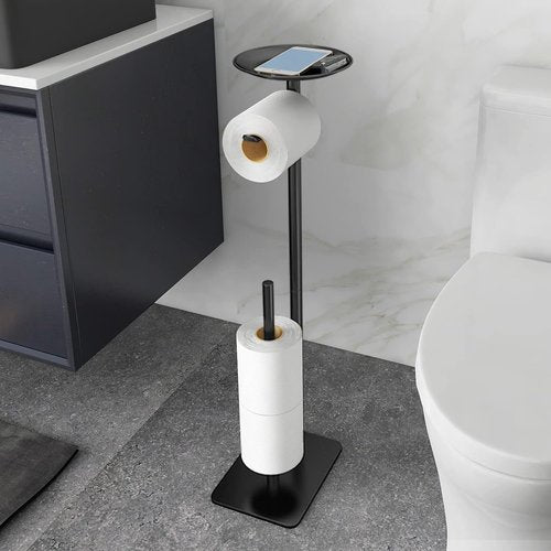 Feilern Toilet Paper Holder Stand - Floor Standing Dispenser with Top Shelf Storage - Black