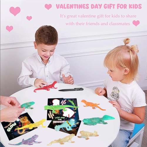euoloar 28 Pack Valentines Day Cards with Glow in the Dark Lizards Toys for Gifts Party Favor, Bulk Valentine Gift for Kids, Classroom Exchange Prize, Valentine’s Greeting Cards