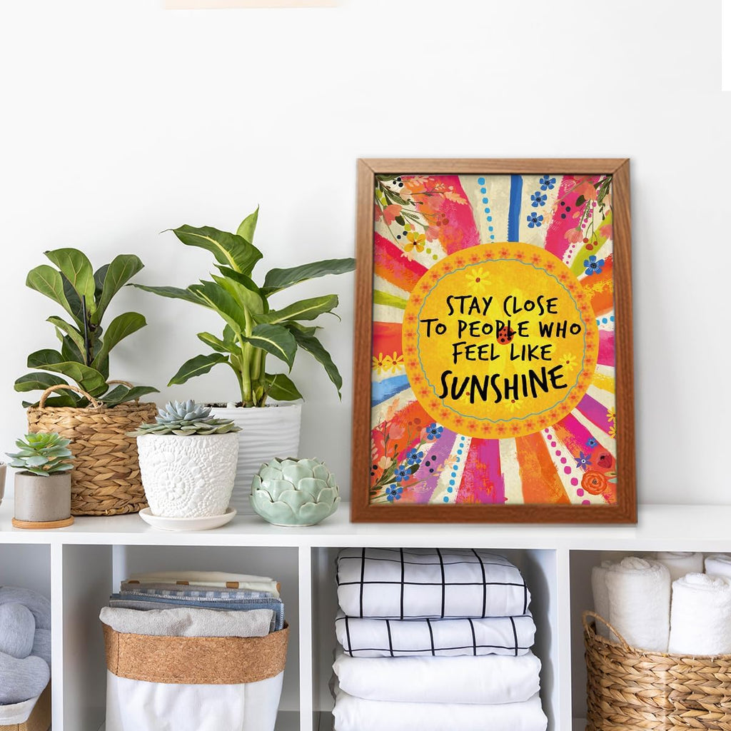 YEOION Inspirational Quote Wall Art - "Stay Close to People Who Feel Like Sunshine" | Canvas Print with Imitation Wood Metal Frame for Girls' Bedroom Decor