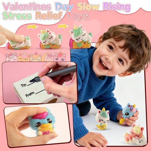 Ksmky Valentines Gifts for Kids Classroom, 24 Pack Prefilled Valentines Box with Cute Squishy Toys, Valentines Party Favors, Class Valentines for Kids Boys Girls, Classroom School Valentines Gifts