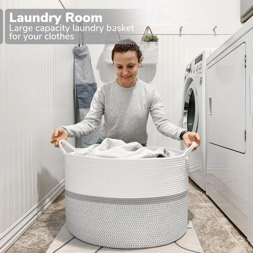 CHICVITA XXL Extra Large Cotton Rope Woven Basket with Handles, Throw Blanket Storage Basket, Decorative Clothes Hamper, 22" x 22" x 14", Gray