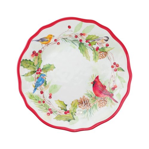 UPware 12 Piece Winter Birds Melamine Dinnerware Sets, Outdoor Dishes Set, Plates and Bowls Sets, Christmas Decorations, Service for 4, Red